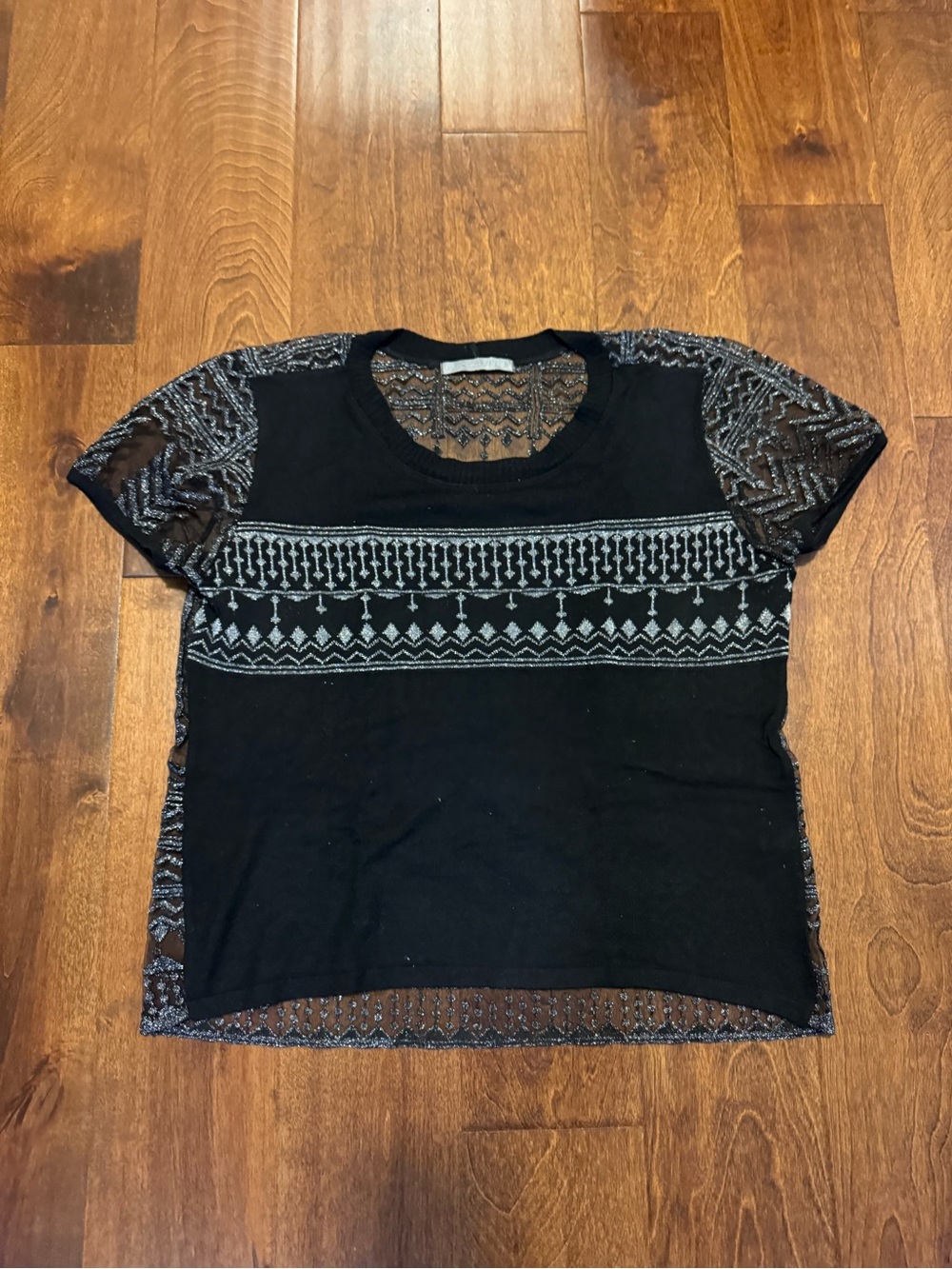 Black Short-Sleeve Lace Accent Top - Women's